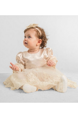 Pugi Baby Kız Bebek Şık Dantelli Mevlüt / Özel Gün Elbisesi Bej3