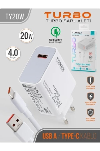 Tonex 20w 4.0a Usb To Type-c Turbo Şarj Başlığı+kablolu Şarj Aleti - Ty20w