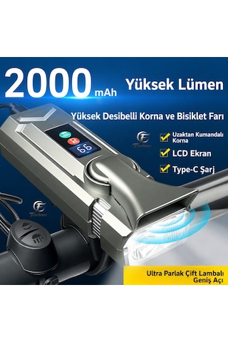 Sm-1710 Şarjlı Bisiklet Farı Ve Kornası 2000mah, Lcd Ekranlı, Profesyonel Bisiklet Aydınlatma Gri