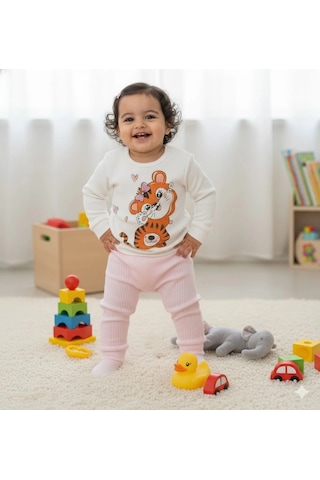 Kız Bebek Kedi Baskılı Çıt Çıtlı Alt Üst İkili Gündelik Takım Pembe