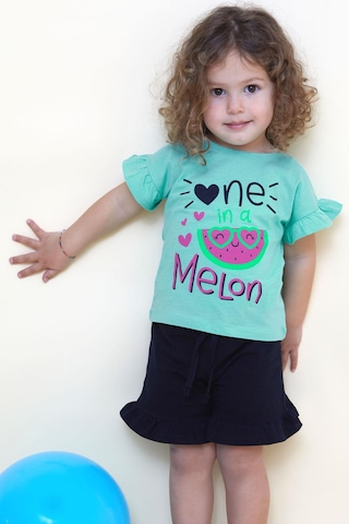 Macawı Kız Çocuk Şortlu Takım Sevimli Gözlüklü Kavun Baskılı 3-7 Yaş, Su Yeşili Su Yeşili