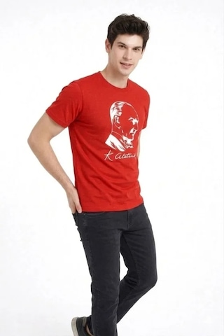 De'charme Erkek Atatürk Baskılı Tişört Kısa Kollu Bisiklet Yaka T-shirt - Kırmızı