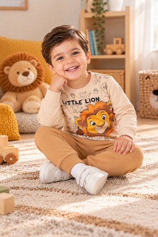 Tucankids Erkek Çocuk Aslan Baskılı İkili Eşofman Takımı Sweatshirt Eşofman Bej - Kahverengi