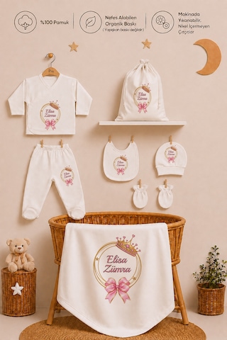 Pia Baby Kız Bebek İsimli Hastane Çıkışı Seti 5'li Zıbın Takımı Penye Bebek Battaniyesi Ve Ham Bez Kıyafet Kesesi 1111bzk3x Ekru