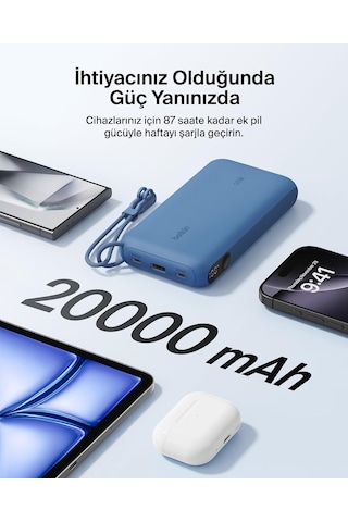 Belkin Boostcharge Power Bank 20000 Mah Display, Pd 20w Usb-c Kablolu Mavi