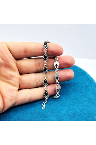 Markazit Damla Model Oltu Taşı İşçilikli 925 Ayar Gümüş Bileklik Siyah - Gümüş