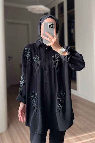 Kahijab Stella Boncuk İşlemeli Gömlek - Siyah