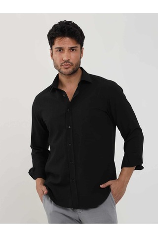 Dufy Siyah Erkek Slim Fit Gofre Desenli Brent Yaka Uzun Kol Gömlek - 104815-siyah Siyah