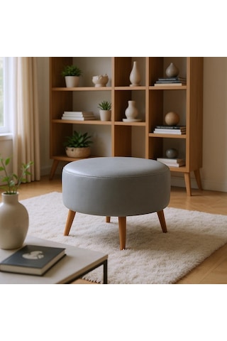 Large Büyük Yuvarlak Modern Puf - 60 Cm - Deri Kumaş - Gri