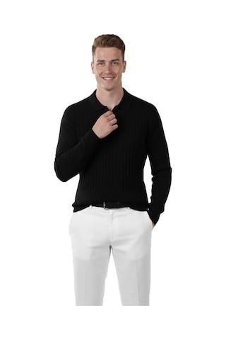 Deepsea Erkek Siyah Polo Yaka Fitilli Triko Kazak %100 Pamuk, Esnek Dokulu, Modern Kalıp 2605305 Siyah