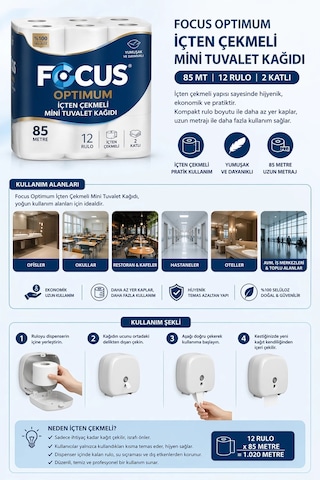 Focus Optimum İçten Çekmeli Mini Tuvalet Kağıdı 85 Mt 12 Rulo