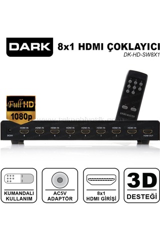Dark 4K Ve 3D Özellikli 8 Giriş 1 Çıkış Uzaktan Kumandalı Hdmı Sw