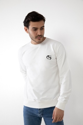 Cozyness Kapüşonsuz Baskılı Erkek Sweatshirt Beyaz
