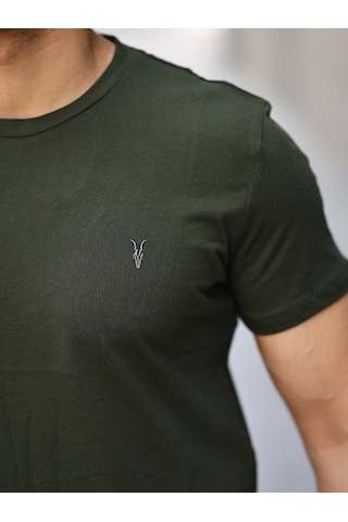 Erkek Haki Slim Fit Bisiklet Yaka %100 Pamuk Tişört Haki