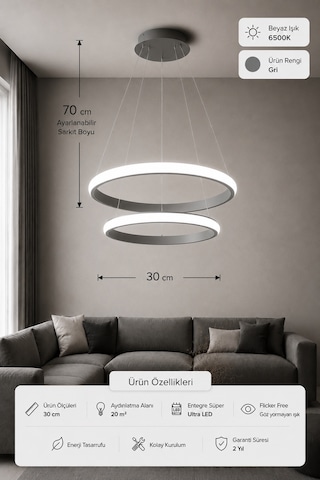 Rizon 2 Li Led Sarkıt Avize Beyaz Işık Gri