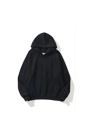 Primemagazam Kadın Kapüşonlu Kanguru Cepli 3 İplik Pamuklu Düz Hoodie Sweatshirt - Siyah Çeşitli