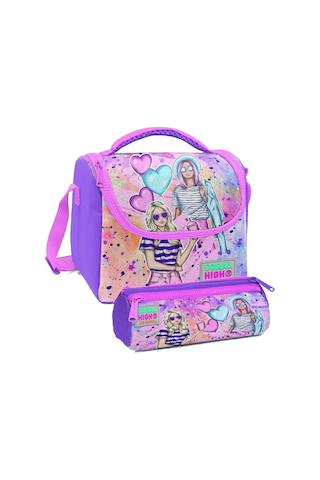 Coral High Pembe Mor Fashion Girl Desenli Kız Çocuk Isı Yalıtımlı Beslenme Çantası Ve Kalemlik Seti