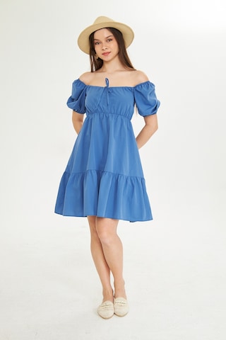 Beli Lastikli Buzgulu Poplin Elbise Orta Mavi