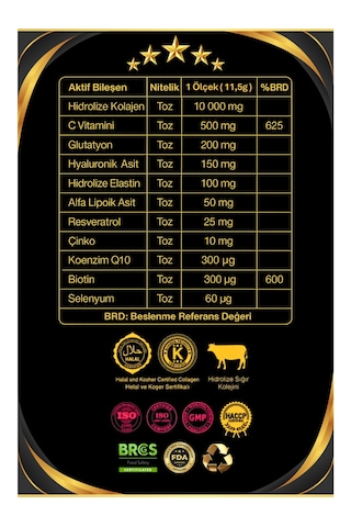 Dr. Sammy's Kolajen 10.000 Mg Tip 1-3 %100 Saf Patentli Hidrolize Sığır Kolajeni, 150mg Hyaluronik Asit, 500 Mg Vitamin C, 200 Mg Glutatyon, 25mg Resveratrol, 100 Mg Elastin, Core 15 Diyet Takviyesi