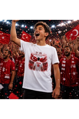 Bk Gift Kişiye Özel Türkiye Taraftar Temalı 2026 Dünya Kupası Tasarımlı Çocuk Tişört-2, Tek Yürek Milli Takım Ruhu Beyaz