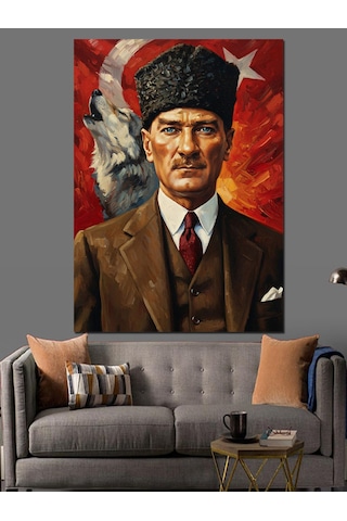 Bozkurt Ve Türk Bayraklı Atatürk Dekoratif Kanvas - Mdf Ahşap Tablo