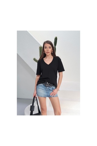 Paw Garage Kadın Massi İnterlok Kumaş V Yaka Oversize T-shirt SIYAH
