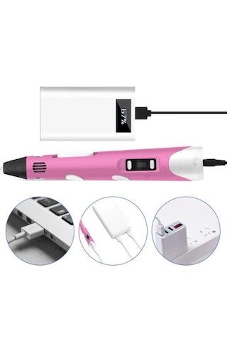 Pembe 3D Kalem 3D Pen Yazıcı Kalem – 20 Adet 5 Metrelik PLA Filament (Toplam 100M) + USB Kablo