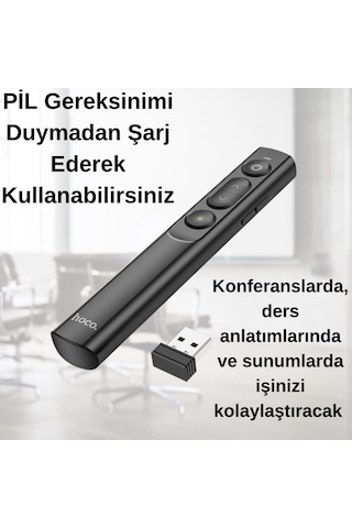 Coofbe 100mt Mesafeli Usb Girişli Şarjlı Rf2.4ghz Projeksiyon Sunum Kumandası Kırmızı Lazer İşaretçili