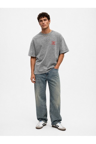 Respire Erkek Puf Baskılı Yıkamalı Oversize T-shirt Gri