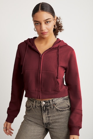 Grimelange Delıa Kadın Crop İçi Polarlı Fermuarlı Organik Pamuklu Kapüsonlu Kordonlu Bordo Sweatshirt Bordo