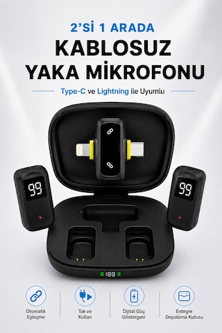 Kablosuz Yaka Mikrofonu 2'li Type-c Lightning Uyumlu Çift Mikrofonlu Gürültü Engelleme Şarj Kutulu