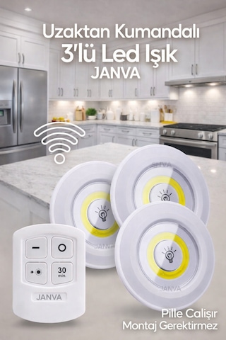 Uzaktan Kumandalı 3 Lü Spot Led Lamba Kablosuz Pilli Işıldak Dolap Işığı Mutfak Rafı Işığı Beyaz