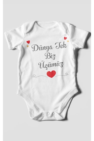Morivokids Dünya Tek Biz Üçümüz Kısa Kollu Bebek Body %100 Pamuk Beyaz