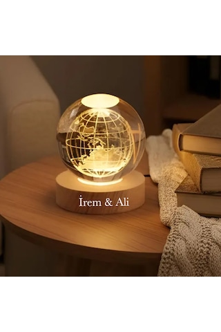 Kişiye Özel Dünya Haritalı Kristal Led Gece Lambası İsim Yazılı Dekoratif Masa Lambası