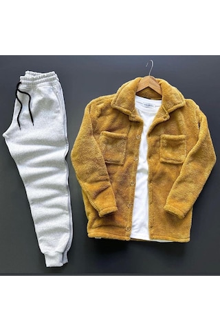 Fifty Color Unisex Taba Peluş Polar Hırka Gömlek Gri Eşofman Altı Takım Taba - Gri Fifty Color Unisex Taba Peluş Polar Hırka Gömlek Gri Eşofman Altı Takım Taba - Gri