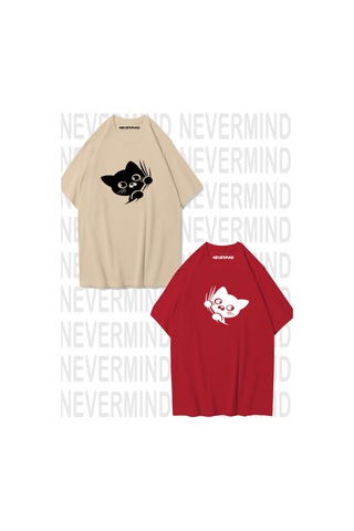 Nevermind Sevimli Cat Temalı Unisex Çift Tişörtü Bej-kırmızı