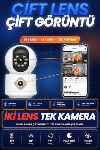 Homesmart Çift Lensli Wifi Güvenlik Kamerası Döner Başlıklı Renkli Gece Görüşlü Hareket Algılamalı İki Yönlü Sesli Akıllı Ev Kamerası