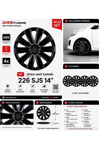 14 Inc Kırılmaz Sks Parlak Siyah Jant Kapağı 1 Takım 4 Adet No:226