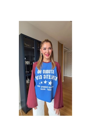 Jenerik Mavi Bordo Reglan Kollu Oversize Uzun Kollu Tişört Renksiz