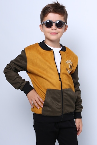 Erkek Çocuk Kolej Ceket Fermuarlı Baskılı Cepli C32 Hardal