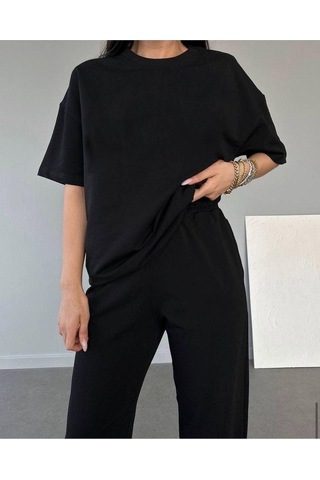 Basic T-shirt Eşofman Altı Jogger Siyah Düz Alt Üst Eşofman Takımı Oversize Bisiklet Yaka Siyah