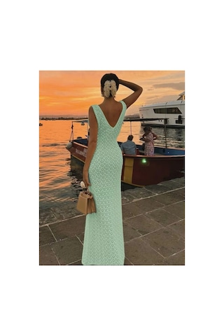 Butik İstanbul Kadın Askılı V Yakalı Uzun Triko Elbise Siyah