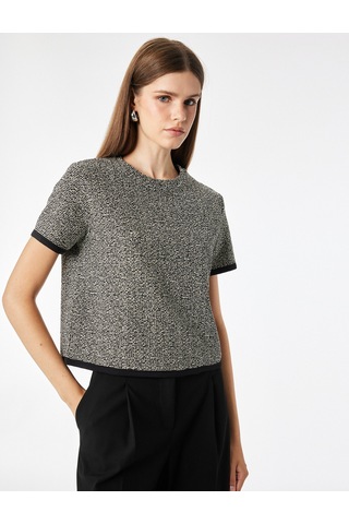 Koton Slim Fit Bisiklet Yaka Kısa Kollu Tüvit Tişört Siyah Desenli 7wak50089ek