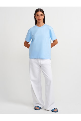 Dilvin 30312 %100 Pamuk Dekoratif Dikişli Bisiklet Yaka T-shirt-açık Mavi Açık Mavi