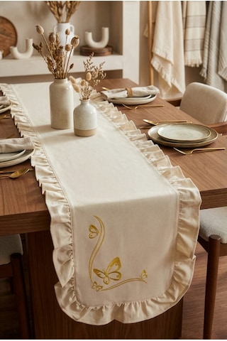 Nakış Detaylı Fırfırlı Masa Runner 40x120 Cm Şık Dekoratif Masa Ve Konsol Örtüsü Açık Krem