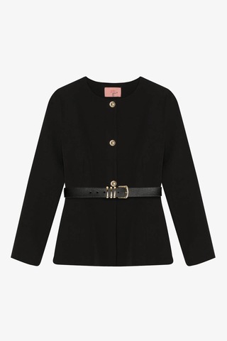 Quzu Kemer Aksesuarlı Yuvarlak Yaka Siyah Kadın Ceket Ckt00922 Siyah