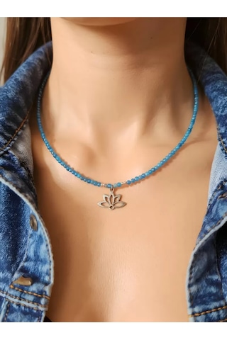 Doğaltaş Apatit Lotus Çiçeği Kolye Mavi
