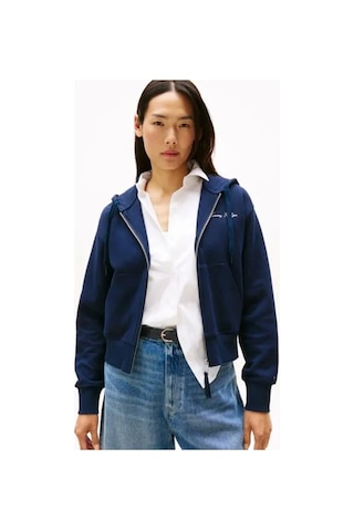 Tommy Hilfiger Kadın Yazı Baskılı Pike Fermuarlı Kapüşonlu Mavi Sweatshirt Ww0ww45742c1g Mavi