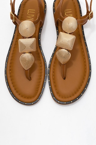 Luvishoes Luvi Shoes Helen Taba Hakiki Deri Parmak Arası Gold Tokalı Kadın Sandalet Taba