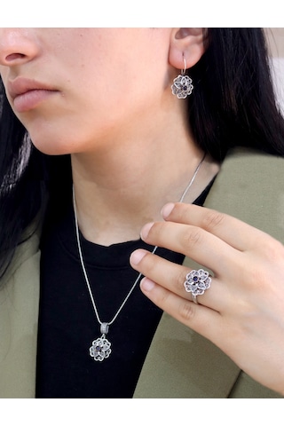Safir Taşlı Gül Model Oksitli 925 Ayar Gümüş Telkari Kadın Üçlü Set 201025644